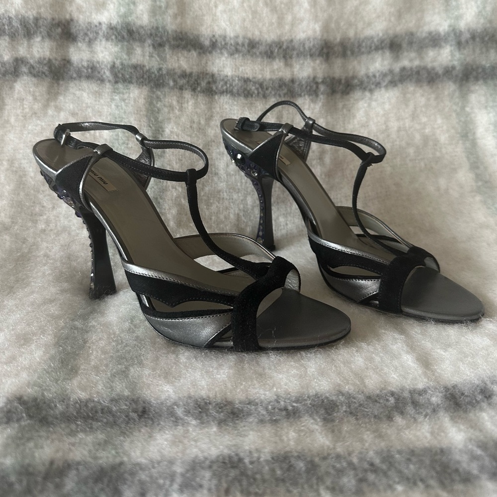 MIU MIU Prada crystal embellished heel sandals silver grey with bag and box